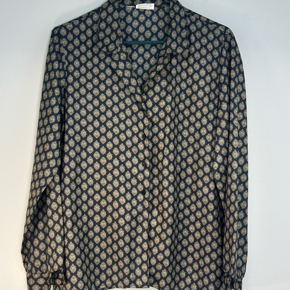 Vintage Black and Gold pattern Women's Blouse size 16 button down shirt